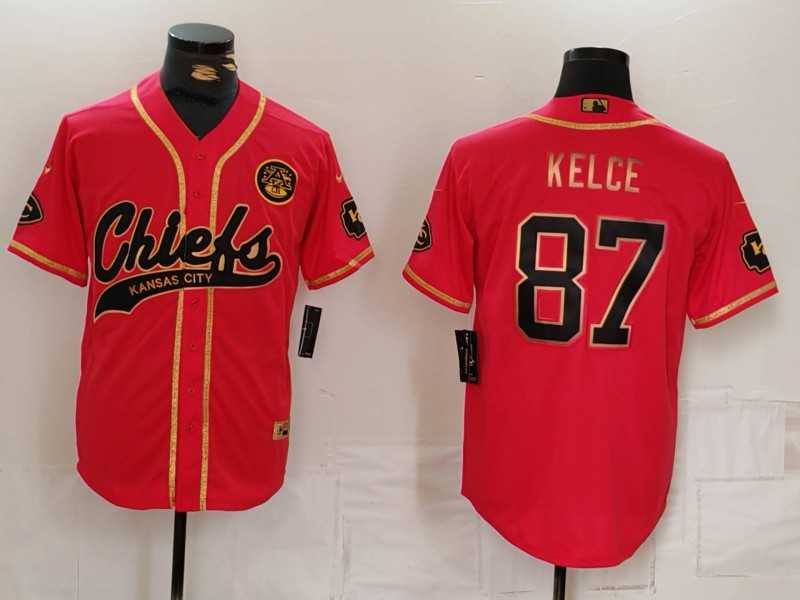 Mens Kansas City Chiefs #87 Travis Kelce Red Gold Cool Base Stitched Baseball Jersey